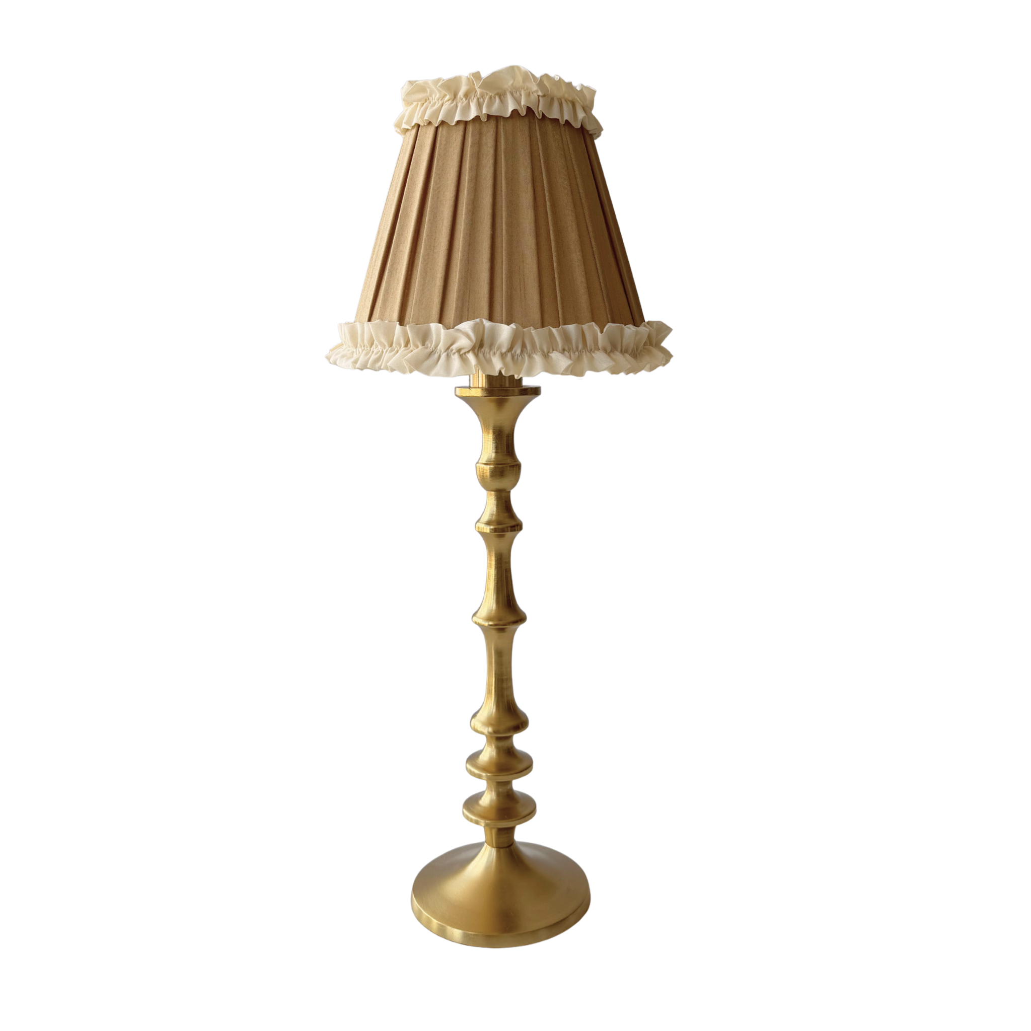 Audrey Camel and Cream Ruffle Lamp Shade & Brass Base - Table Lamp - LUXE AND BEAU