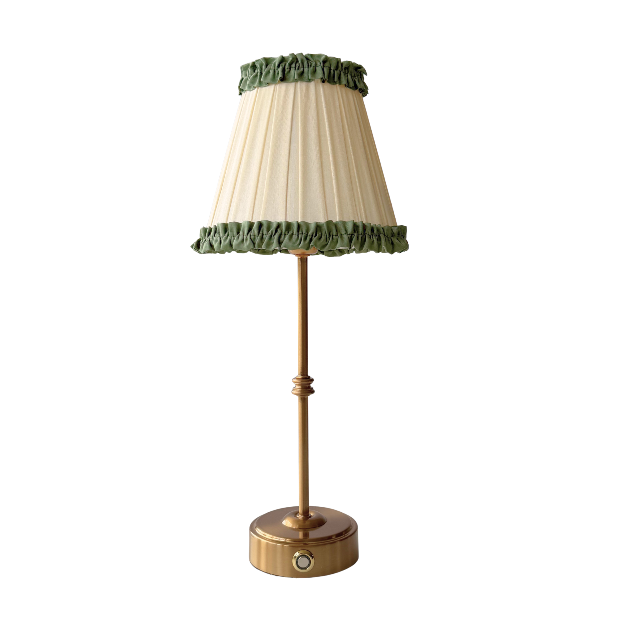 Audrey Cream and Hunter Green Ruffle Lamp Shade & Gold Base - USB Table Lamp - LUXE AND BEAU