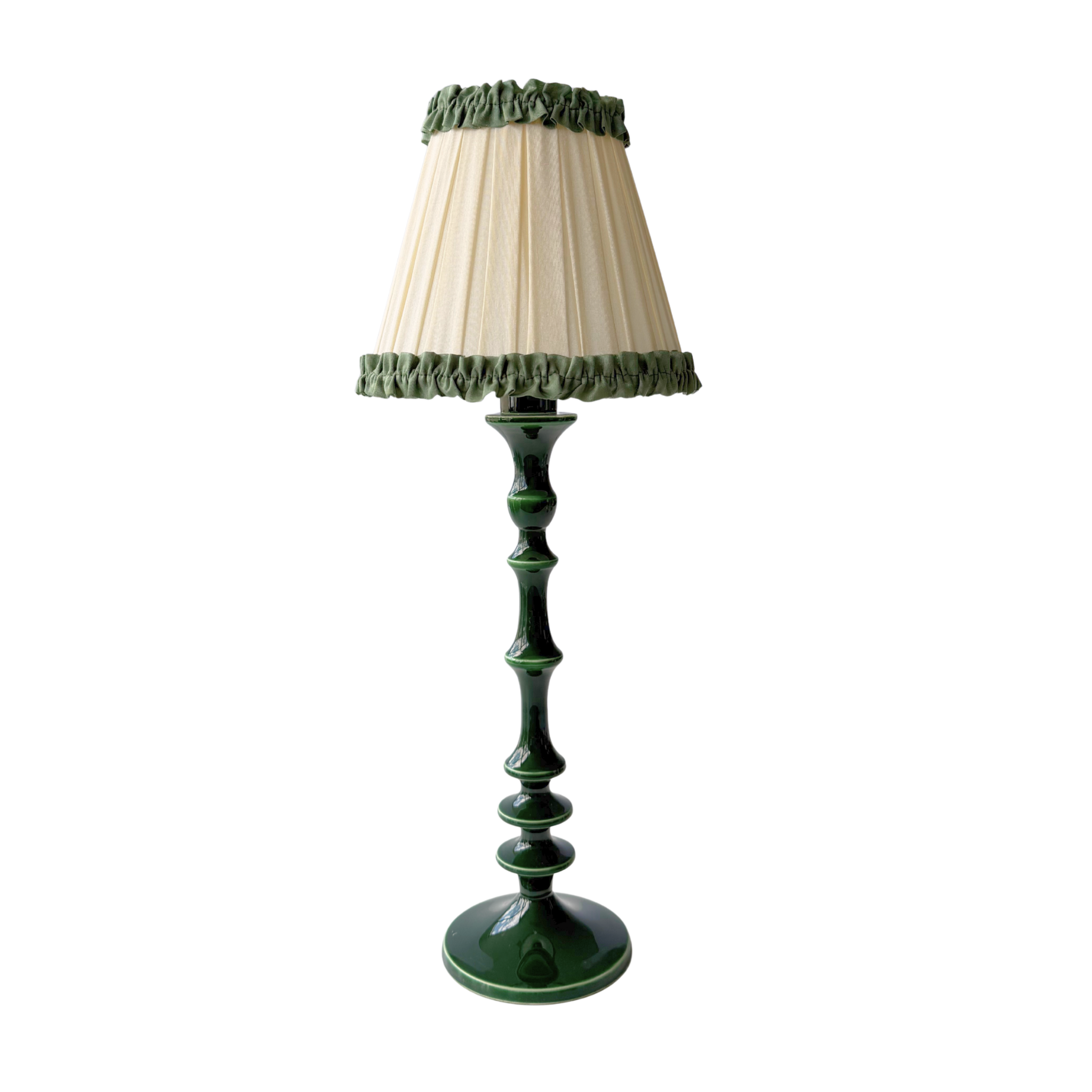 Audrey Cream and Hunter Green Ruffle Lamp Shade & Verdant Green Base - Table Lamp - LUXE AND BEAU
