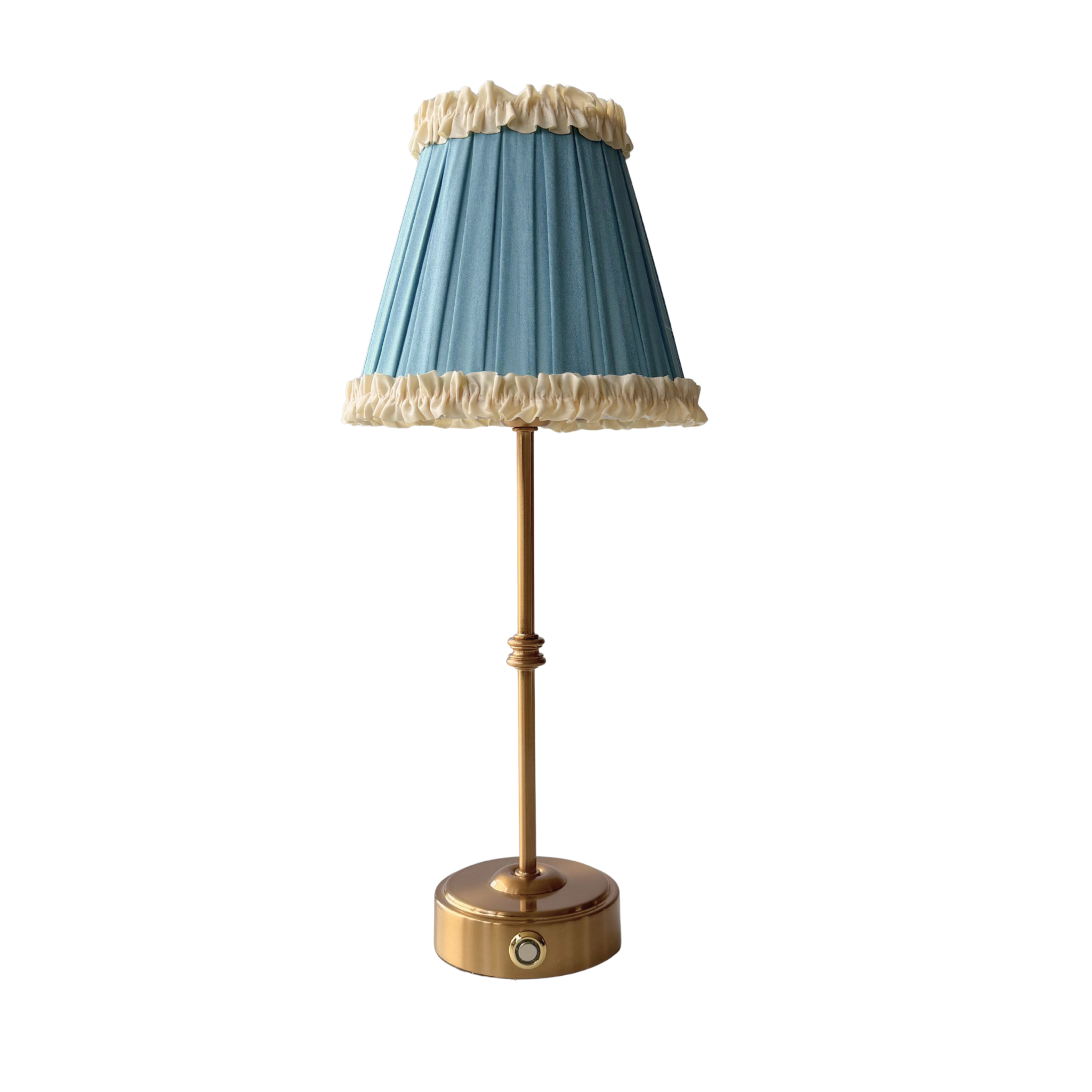 Audrey Sky Blue and Cream Ruffle Lamp Shade & Gold Base - USB Table Lamp - LUXE AND BEAU