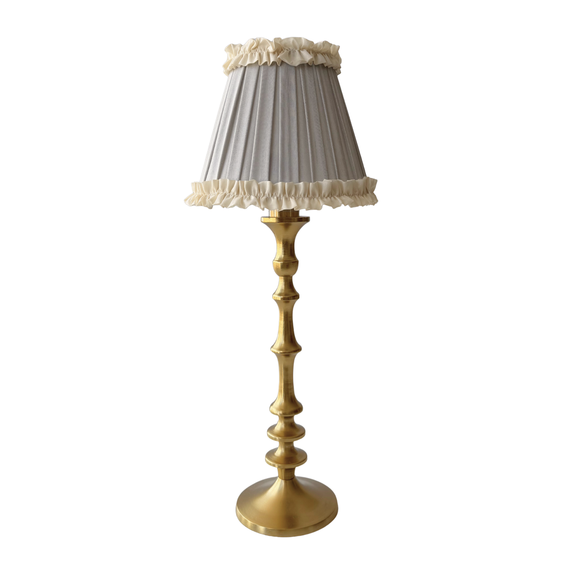 Audrey Grey and Cream Ruffle Lamp Shade & Brass Base - Table Lamp - LUXE AND BEAU