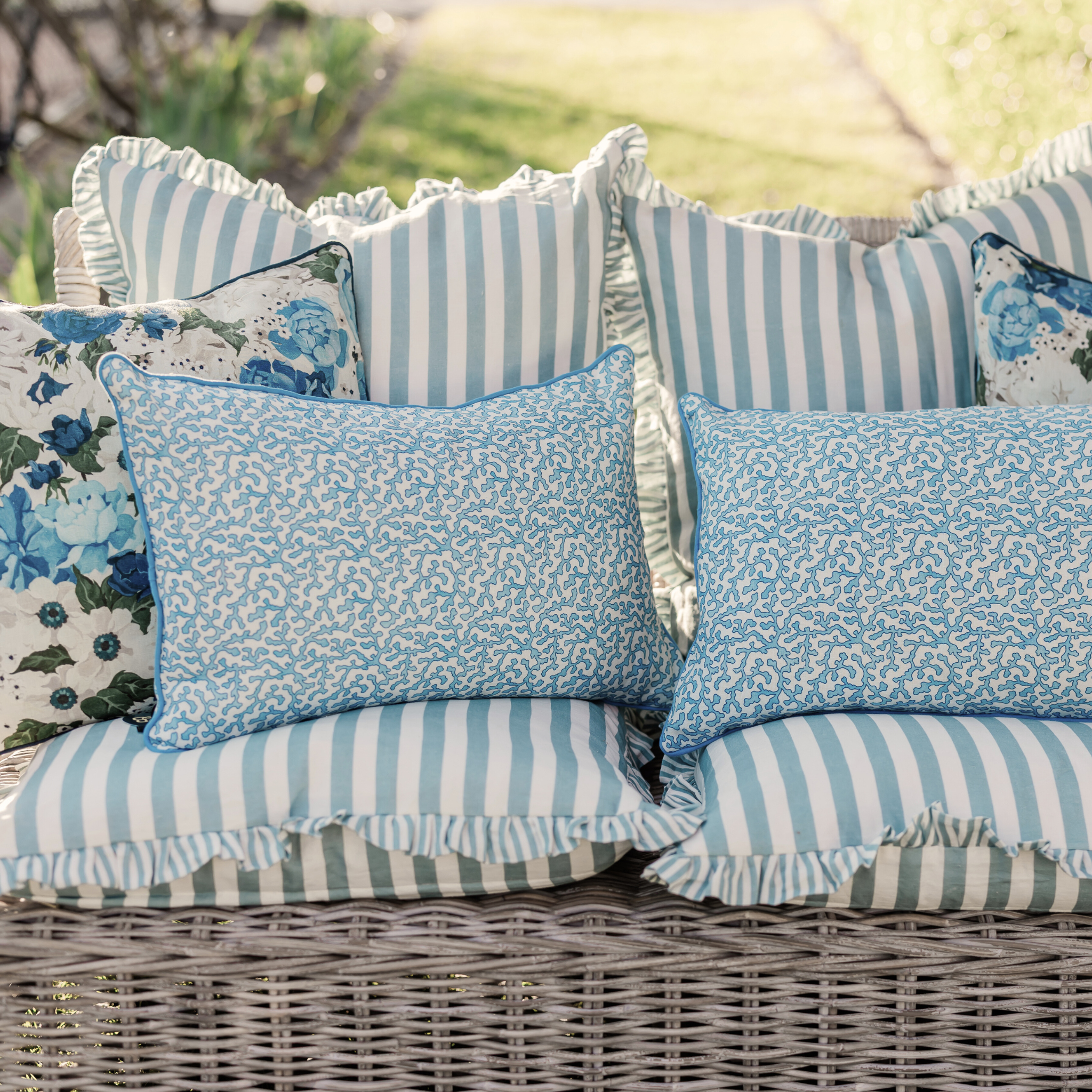 Buy Luxe Cushions & Linens - Blue Ruffle Stripe Linen Cushion Cover 65 x 65 - By Luxe & Beau Designs 