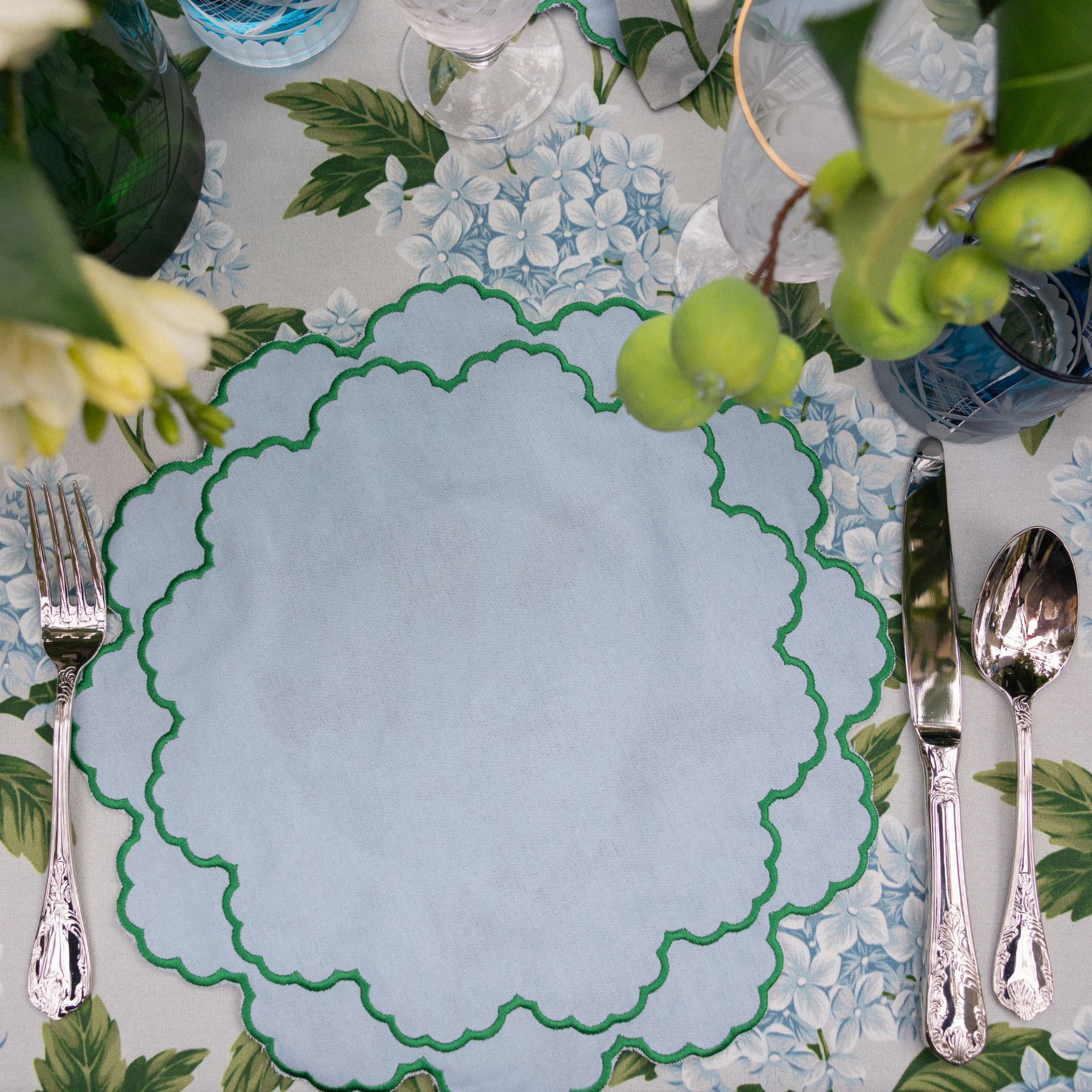 Blue With Green Embroidery Heirloom Placemat (Set Of 4) - LUXE AND BEAU